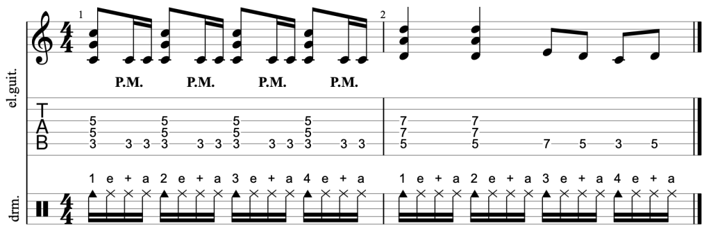 Here is a rock guitar riff with the rhythm written underneath it.