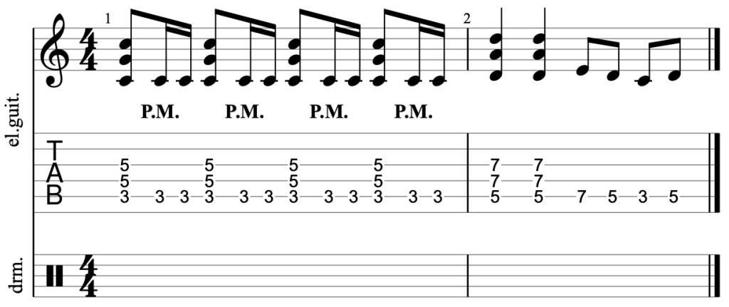 A rock guitar riff with palm muting and an empty drum staff.